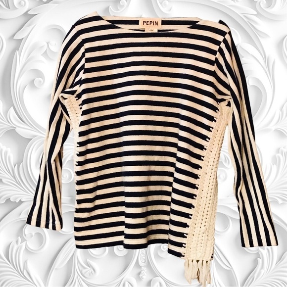 Anthropologie Pepin Blue Striped Ponte Top With Crochet Insets On Sides - Picture 2 of 8